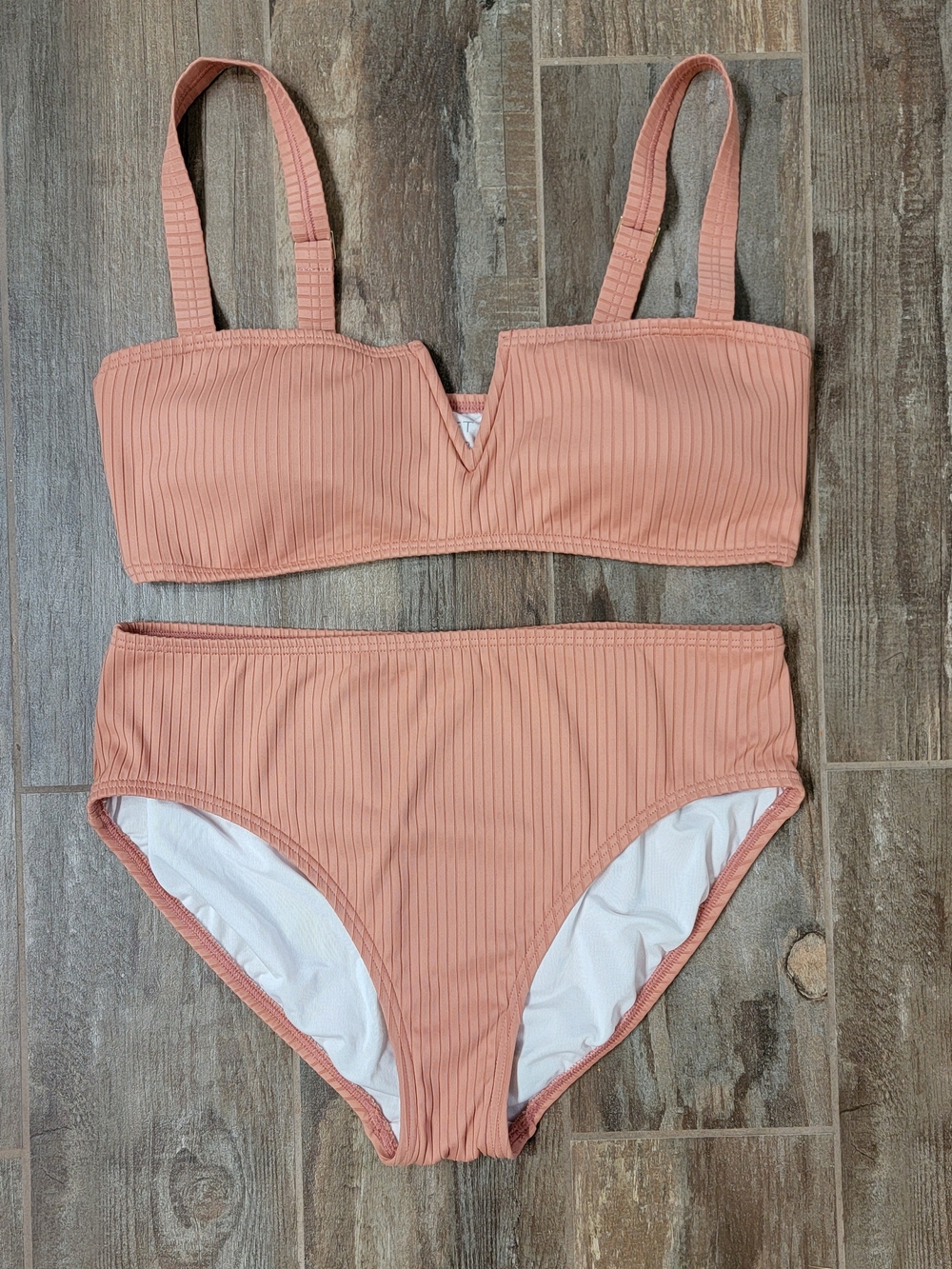 LOFT Beach Pink Ribbed Textured 2 Piece Swimsuit Bikini Beach Summer V Wire Sz L
